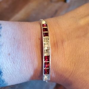 Avon Silver Tone Square Red & Clear Rhinestone Adjustable Bracelet